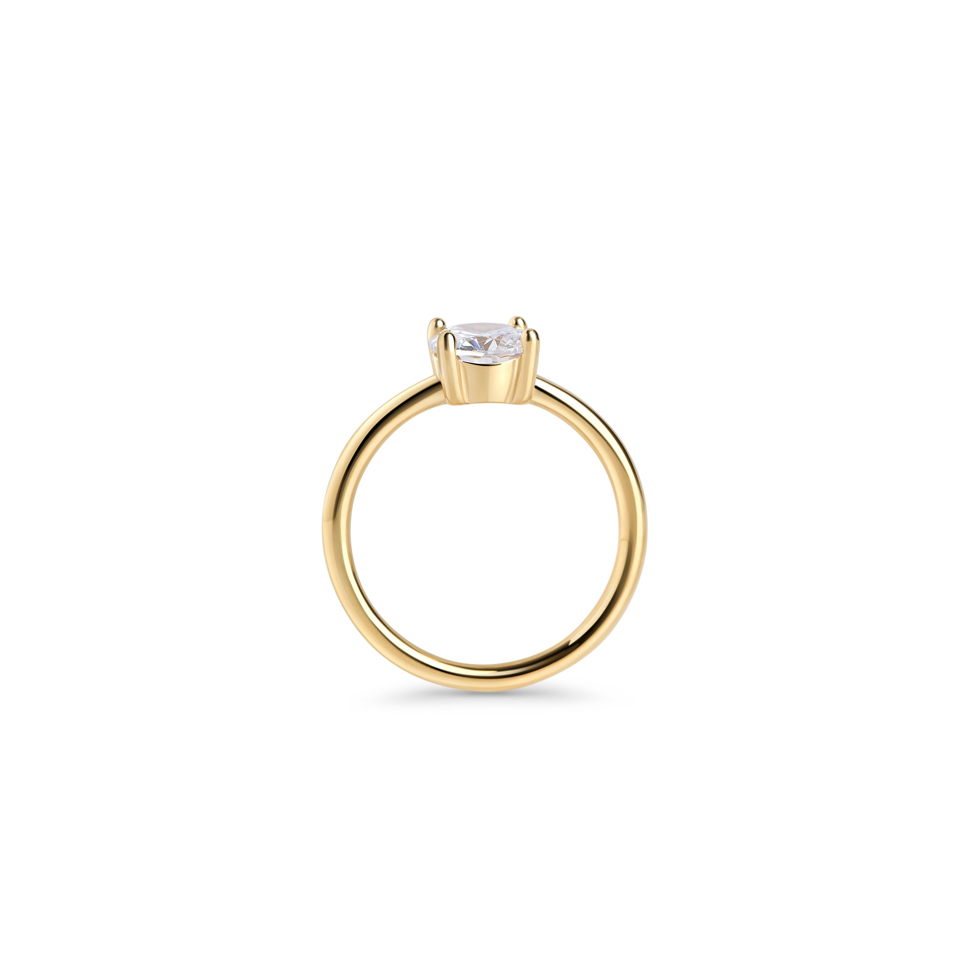 Gold stainless steel solitaire ring with round cubic zirconia, classic engagement-style ring design, durable minimalist jewelry with brilliant stone for an elegant timeless look.
