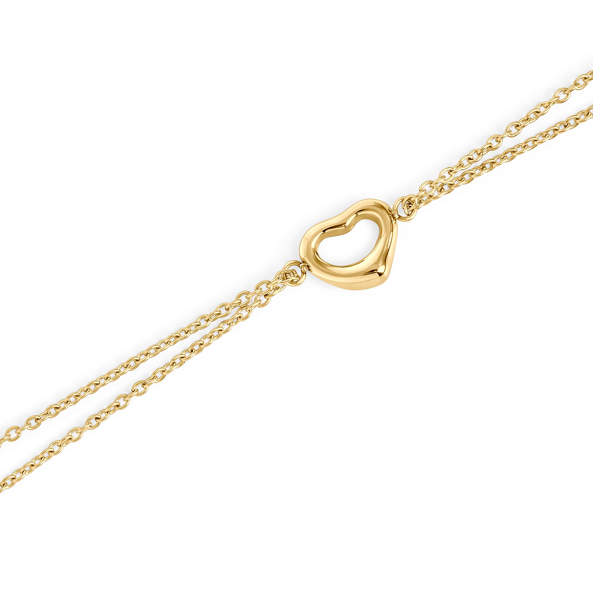 Close-up of dainty gold open heart double chain bracelet – safe for sensitive skin, waterproof & tarnish-resistant stainless steel bracelet, best affordable valentine's day jewelry gift by Mia Bijoux Canada