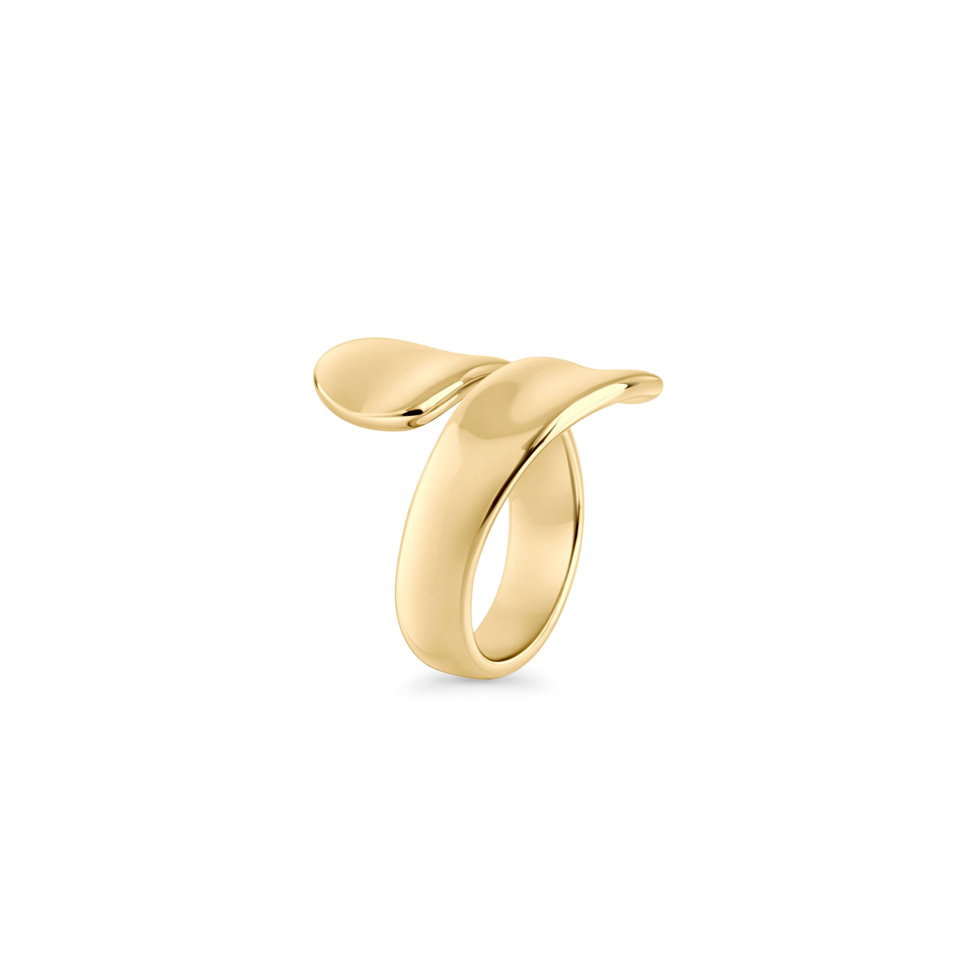 Gold stainless steel sculptural wrap ring with fluid organic curves, modern bold statement design, hypoallergenic non-tarnish durable ring, contemporary fashion jewelry.
