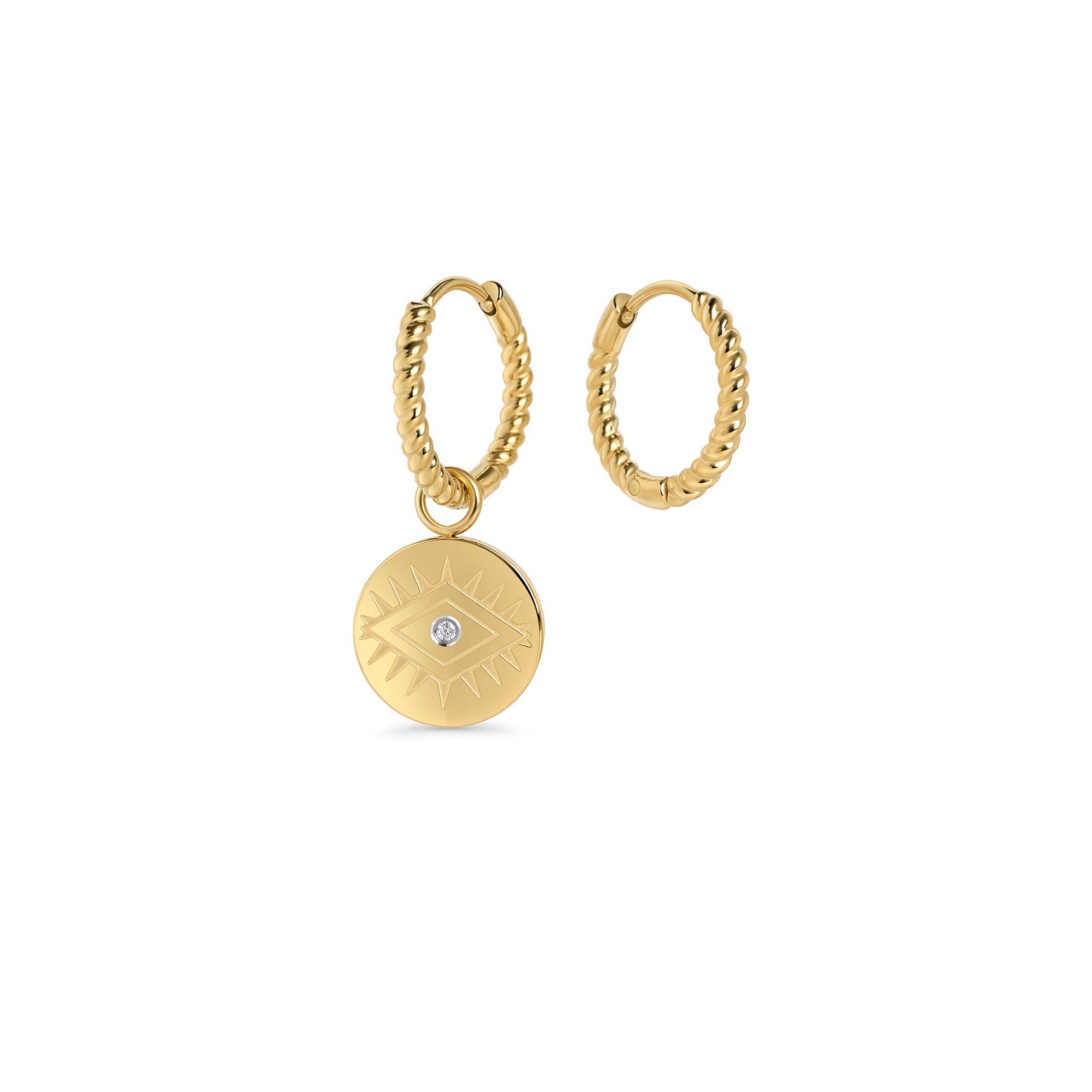 Gold twisted huggie hoop earrings with removable evil eye coin charm and cubic zirconia – allergy-free, waterproof earrings for sensitive ears by Mia Bijoux Canada