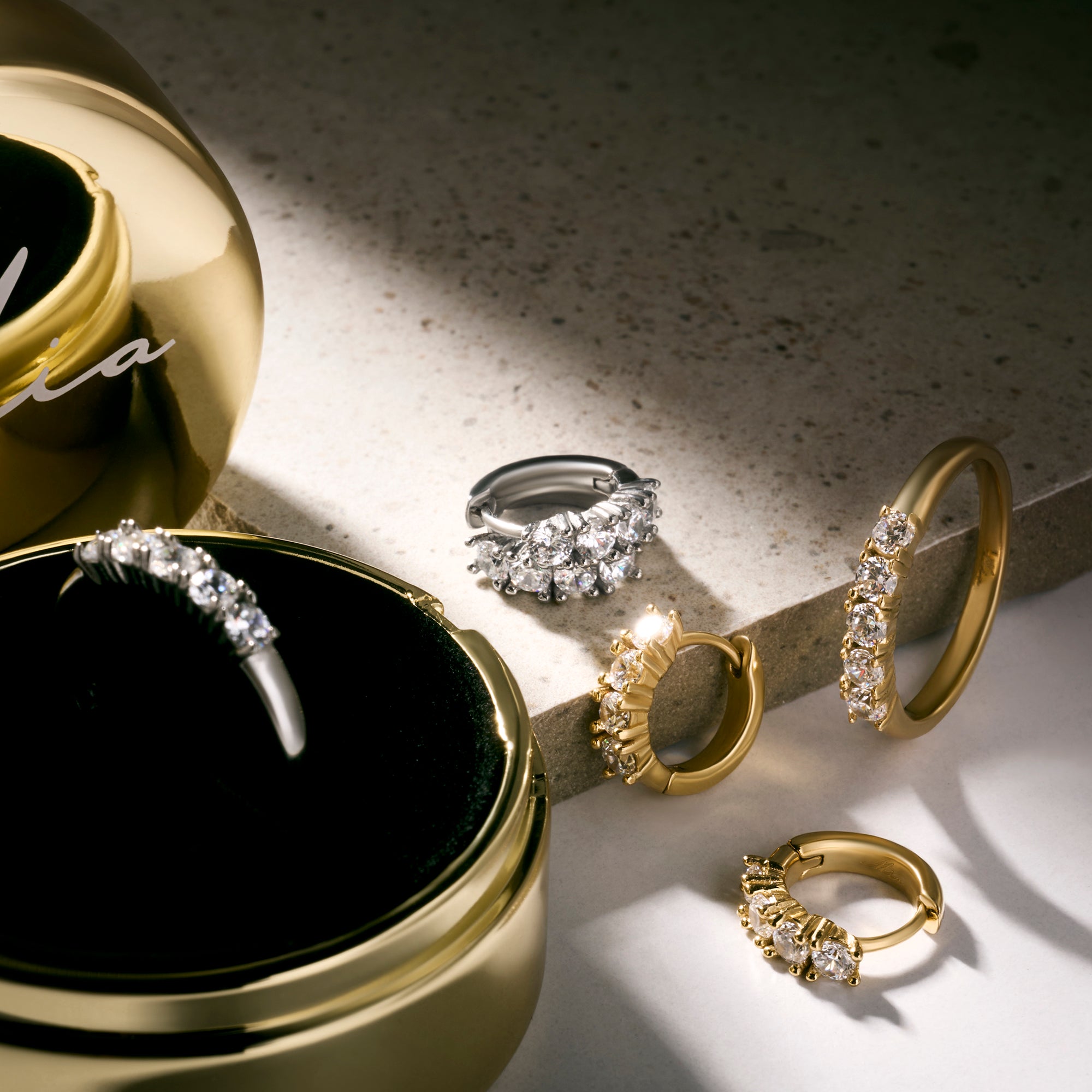 Diamond look cubic zirconia rings and huggie earrings in gold and silver stainless steel, elegant stackable jewelry set, hypoallergenic non-tarnish jewelry for sensitive skin, affordable luxury jewelry Canada