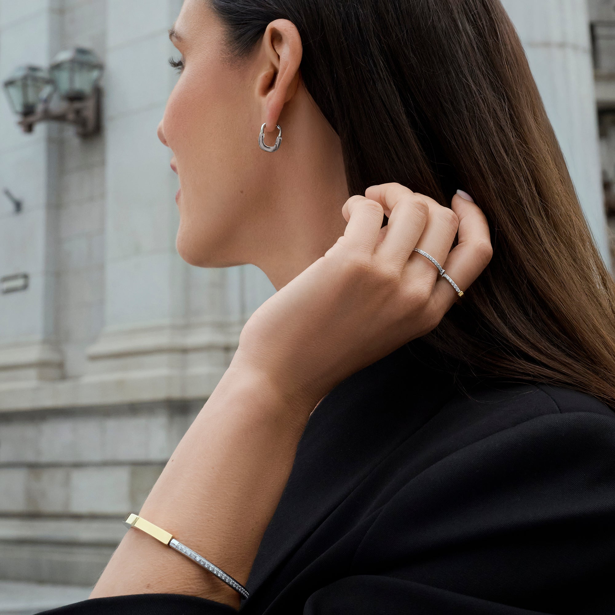 Silver cubic zirconia huggie earrings and eternity ring paired with two-tone gold and silver bangle bracelet – nickel-free, tarnish-resistant stainless steel jewelry set for women by Mia Bijoux Canada