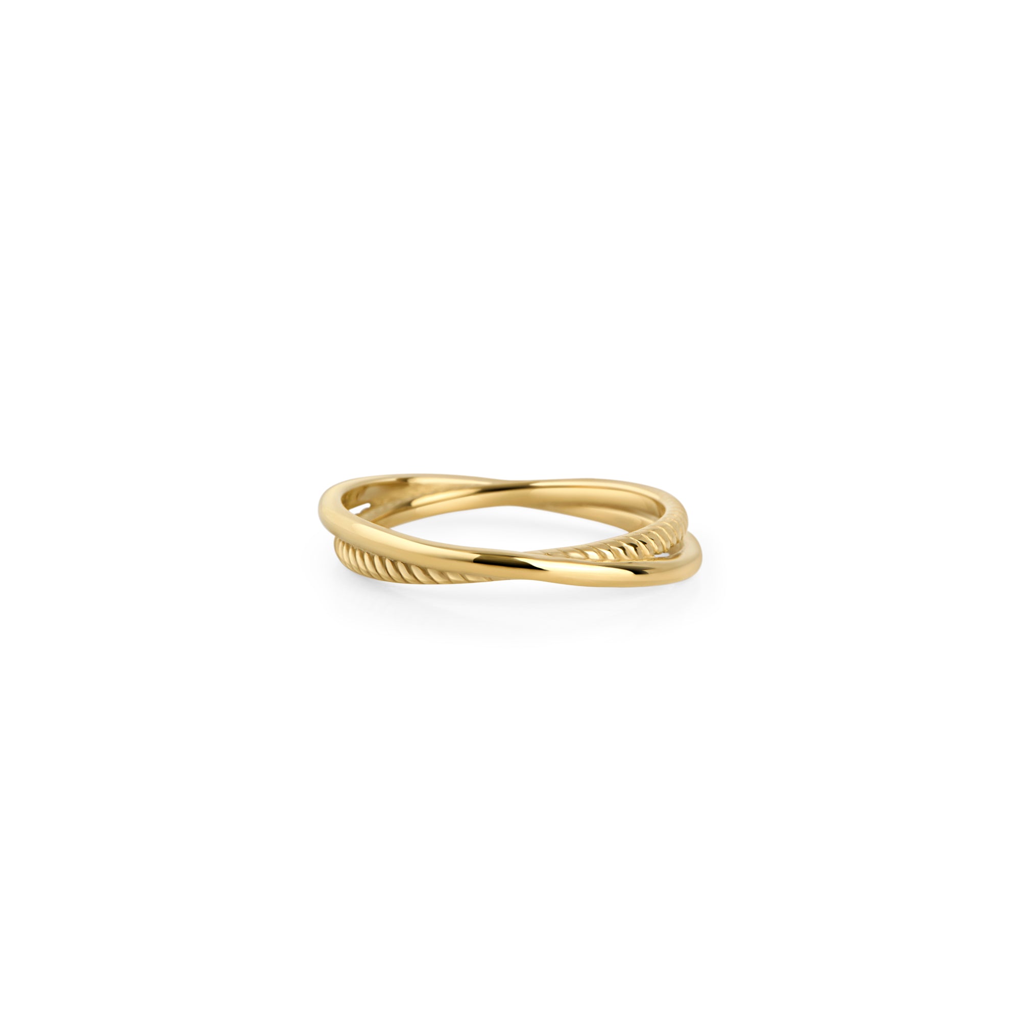 Gold stainless steel twisted band ring with rope texture detail, minimalist crossover design, hypoallergenic non-tarnish durable ring, elegant everyday modern jewelry.
