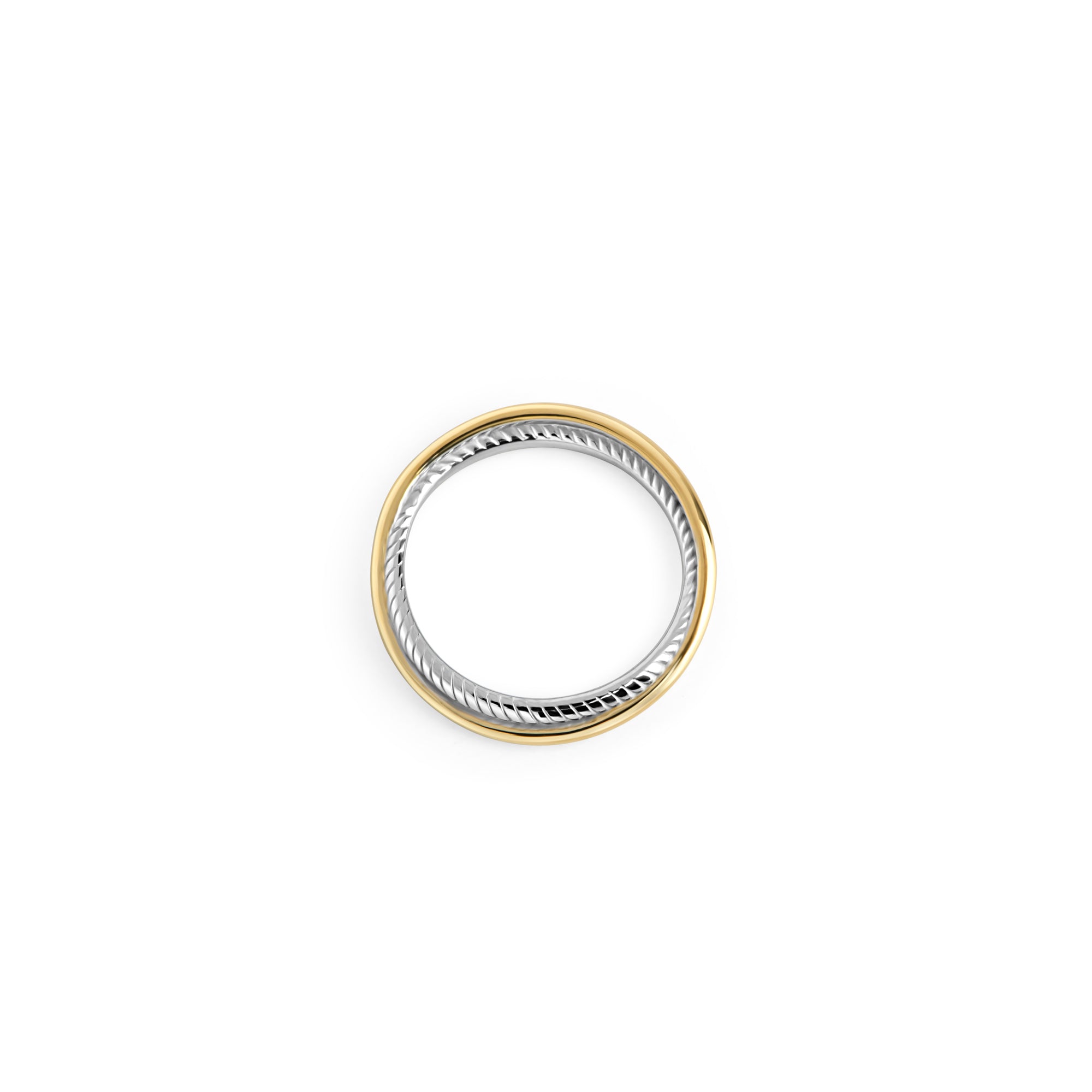 Two-tone stainless steel band ring with gold and silver finish, minimalist modern stacking ring, hypoallergenic non-tarnish durable jewelry, elegant everyday fashion ring.
