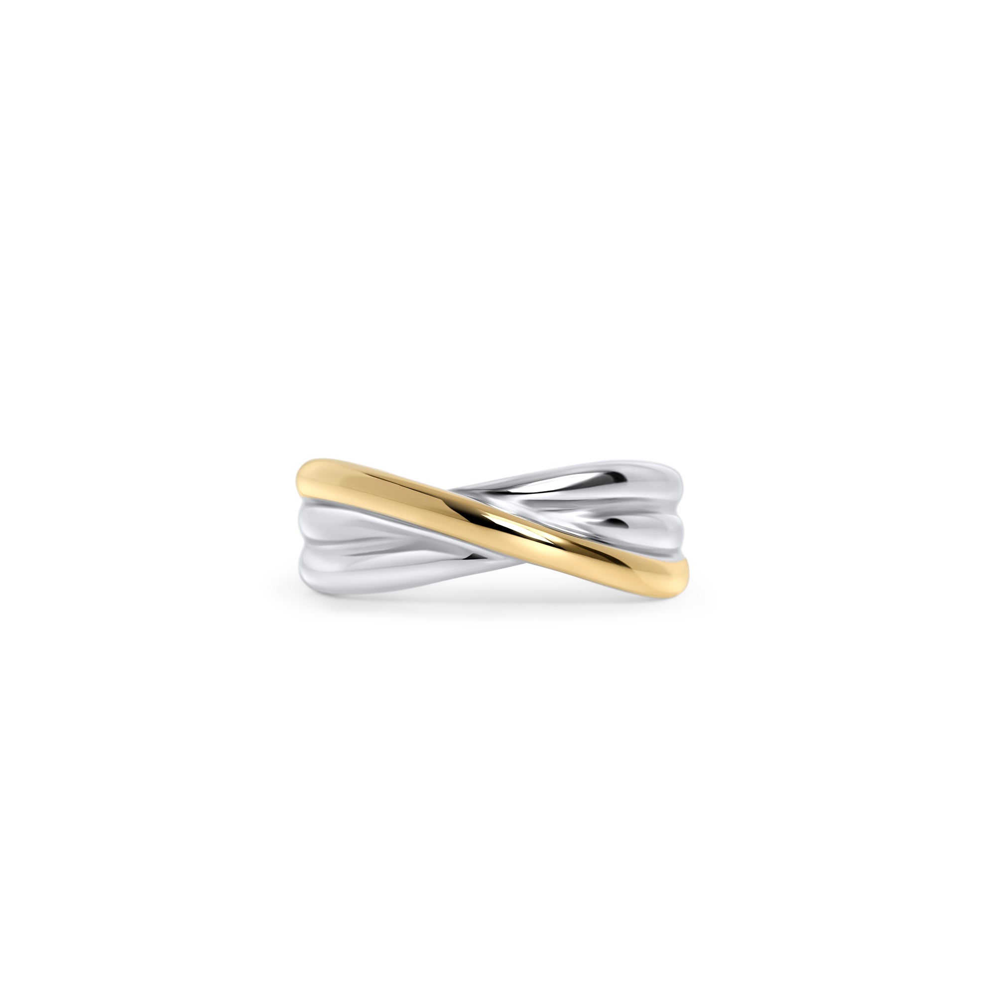Two-tone crossover ring in gold and silver stainless steel, modern twisted design with high-polish finish, durable everyday jewelry crafted for comfort and long-lasting shine in Canada.