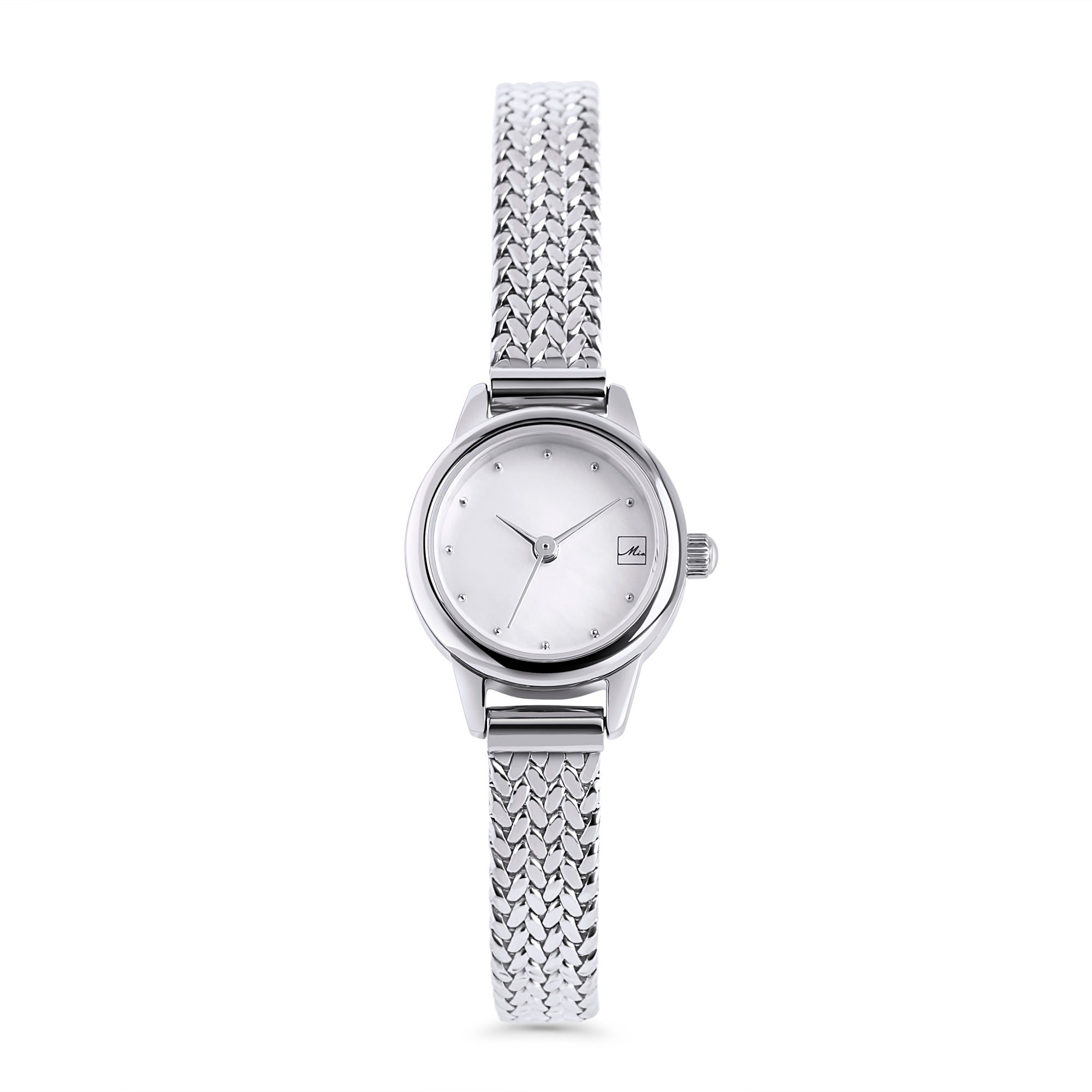 Silver stainless steel women's watch with minimalist white dial and textured gold bracelet strap, elegant modern timepiece, durable luxury fashion watch Canada.

