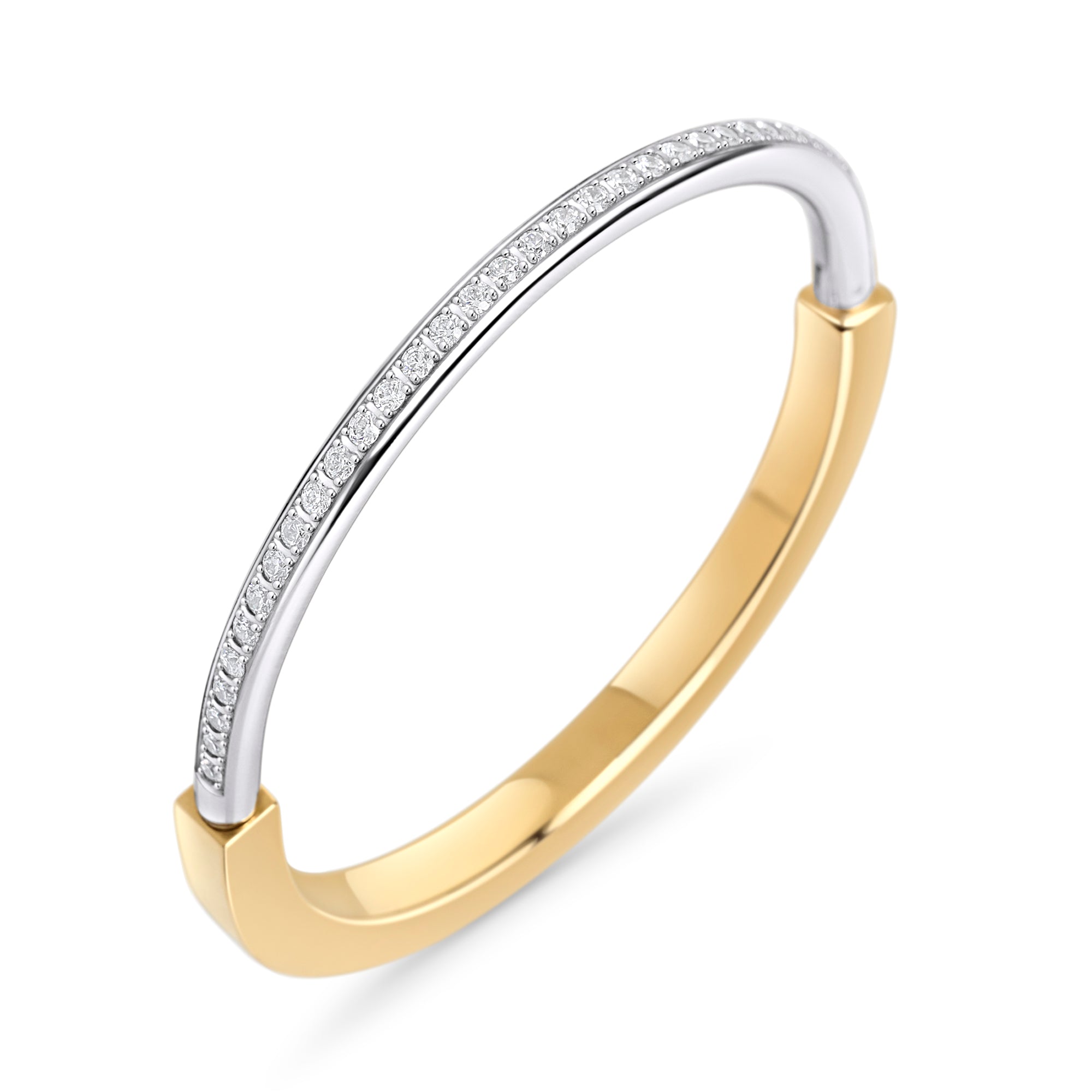 Two-tone stainless steel bracelet with pavé crystals, elegant gold and silver minimalist jewelry, hypoallergenic non-tarnish durable bracelet, refined modern everyday jewelry.

