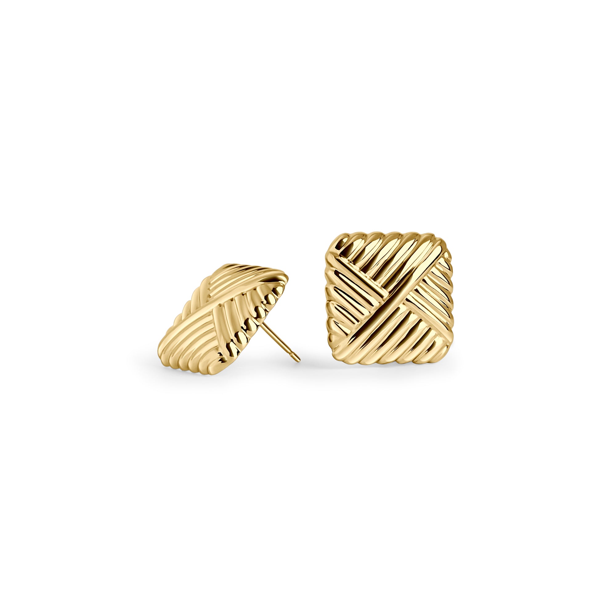Gold stainless steel textured stud earrings with woven sculptural design, bold modern jewelry, hypoallergenic non-tarnish durable earrings, elegant statement everyday jewelry.

