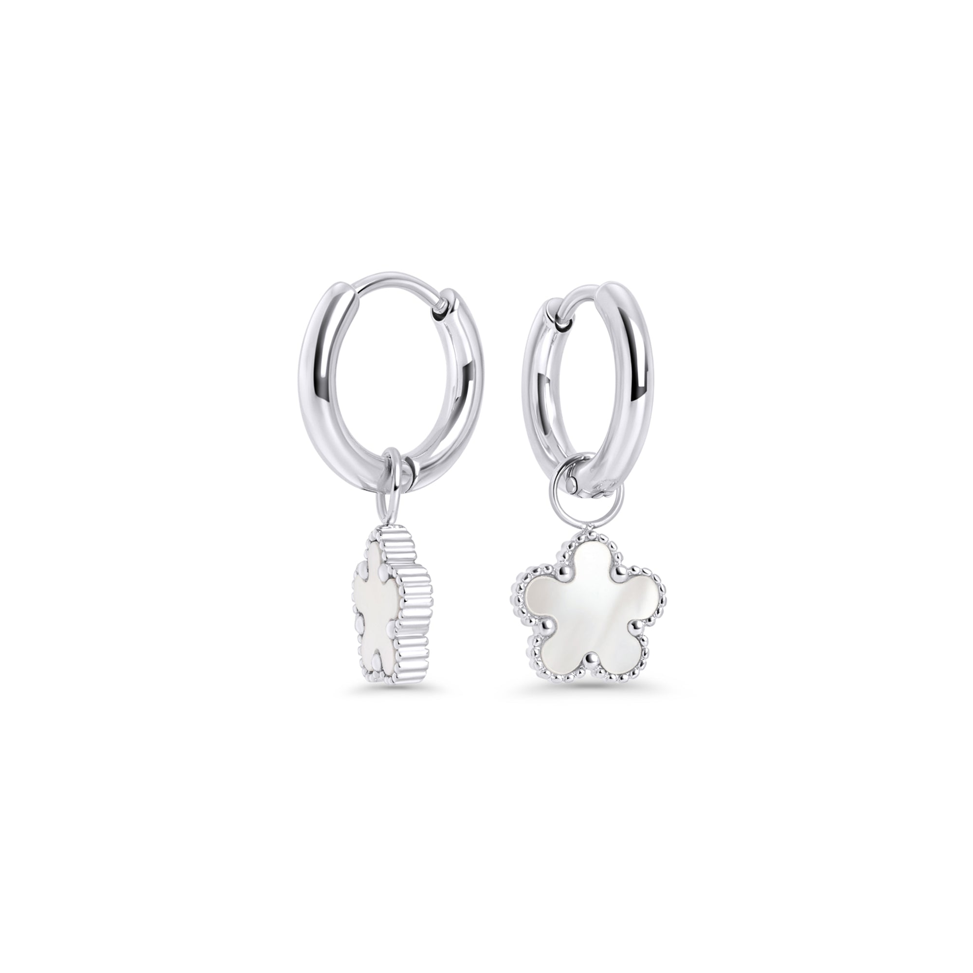 Silver stainless steel hoop earrings with dangling white flower charms, hypoallergenic and tarnish-free, designed for sensitive ears. Lightweight everyday jewelry, water-resistant, perfect for modern women in Canada and Toronto seeking durable, stylish hoops.