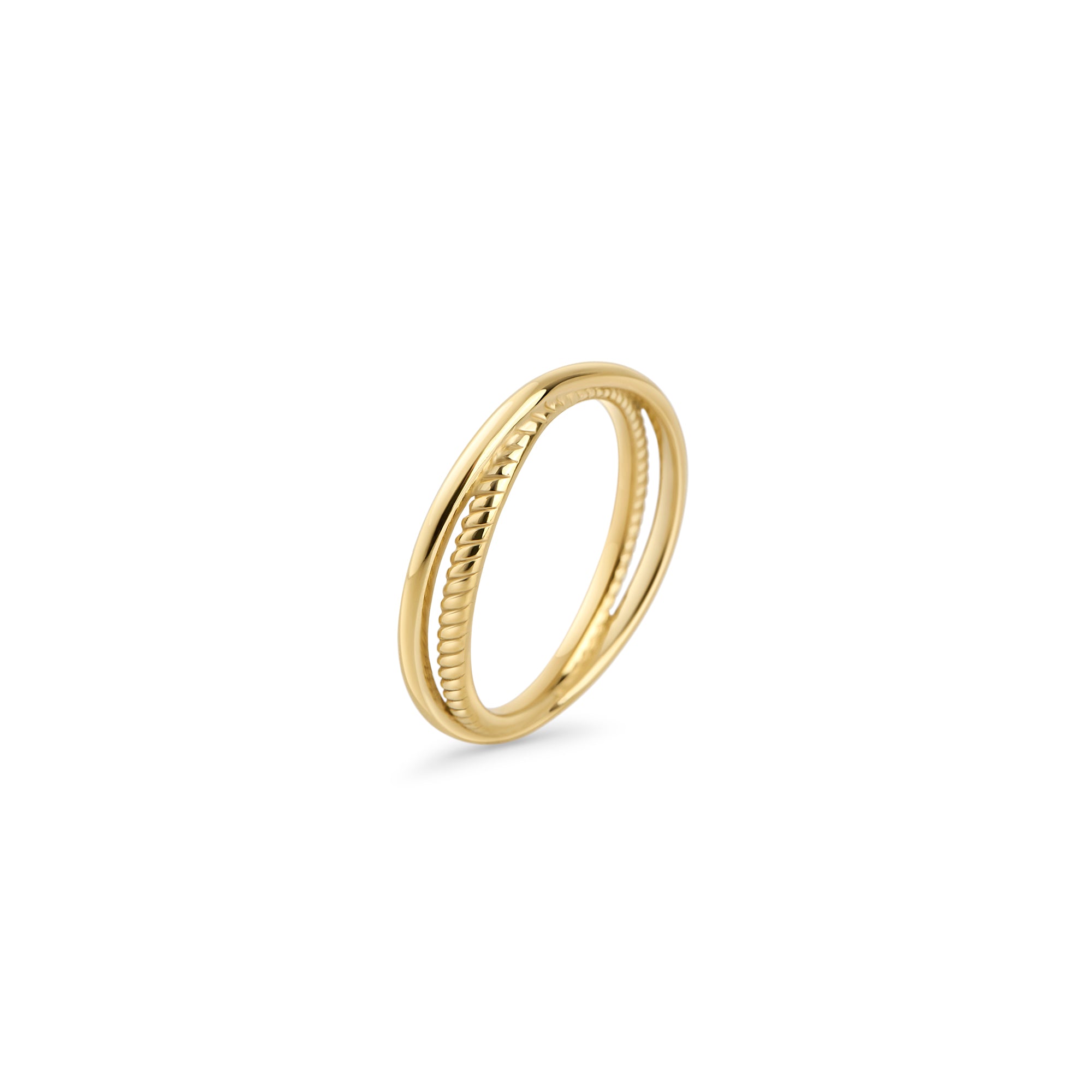 Gold stainless steel minimalist band ring with textured edge detail, slim modern stacking ring, hypoallergenic non-tarnish durable jewelry, everyday elegant fashion ring.
