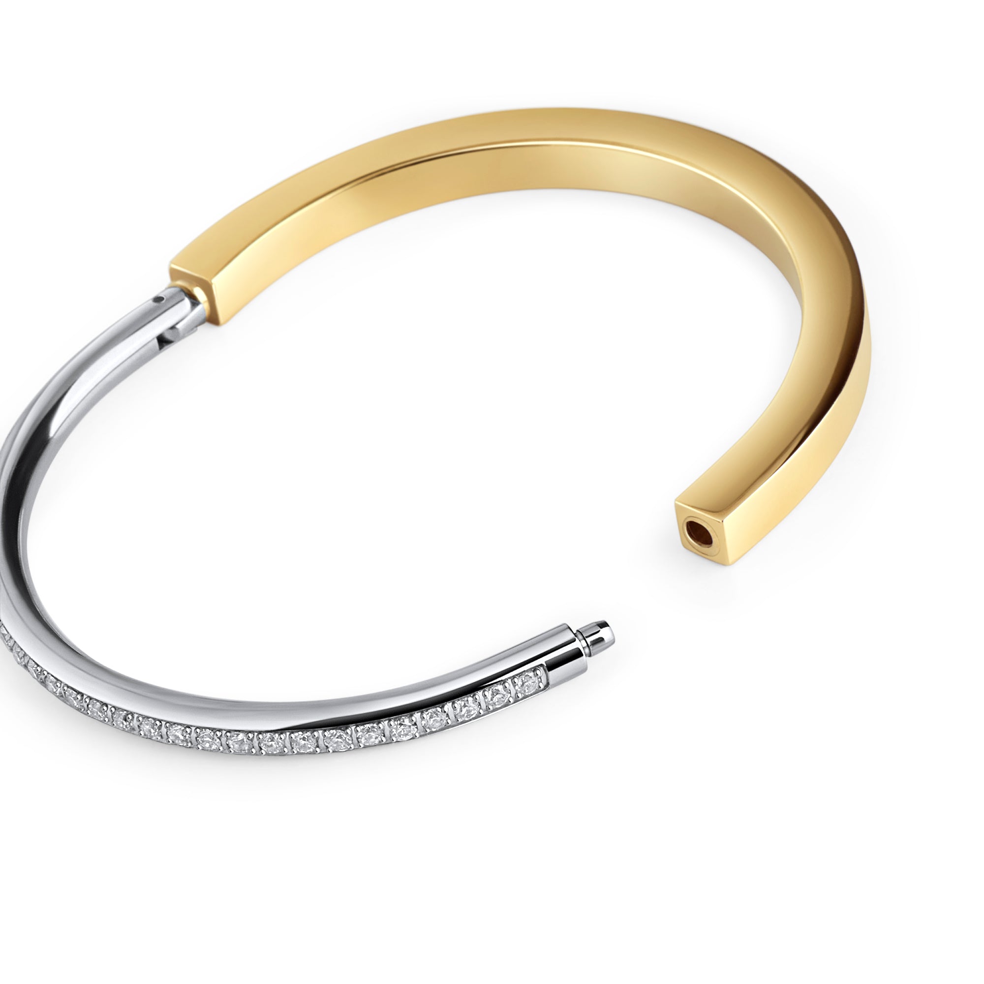 Two-tone stainless steel bracelet with pavé crystals, elegant gold and silver minimalist jewelry, hypoallergenic non-tarnish durable bracelet, refined modern everyday jewelry.