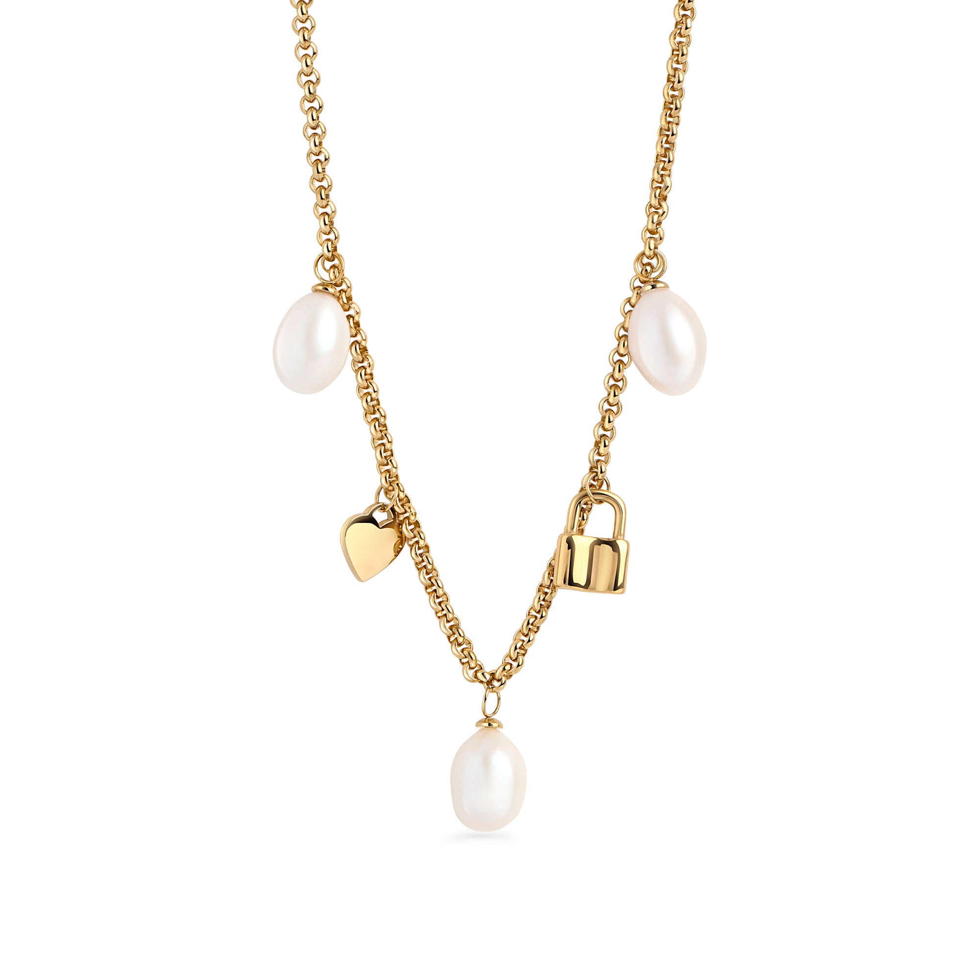 Gold stainless steel charm necklace with freshwater pearl drops, heart charm and lock pendant, trendy layered chain jewelry, hypoallergenic non-tarnish durable statement necklace.

