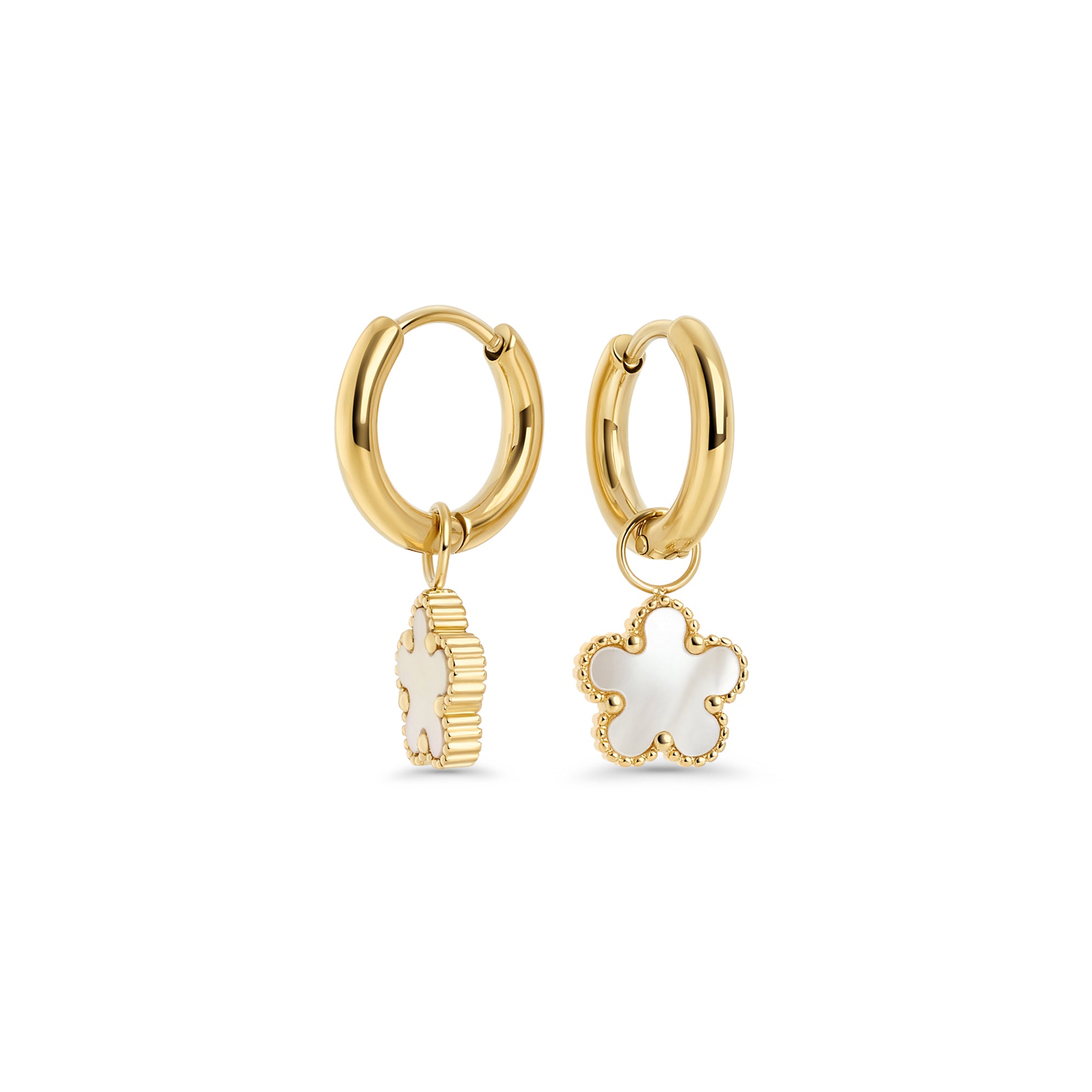 Gold stainless steel hoop earrings with white flower drop charms, hypoallergenic and tarnish-resistant, safe for sensitive skin. Lightweight everyday earrings, water-friendly and durable.