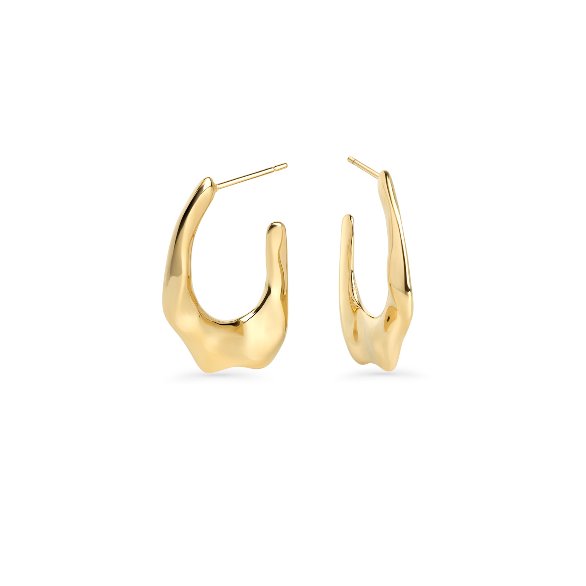 Gold stainless steel sculptural hoop earrings with organic fluid design, hypoallergenic earrings for sensitive ears, non-tarnish durable contemporary statement jewelry Canada.