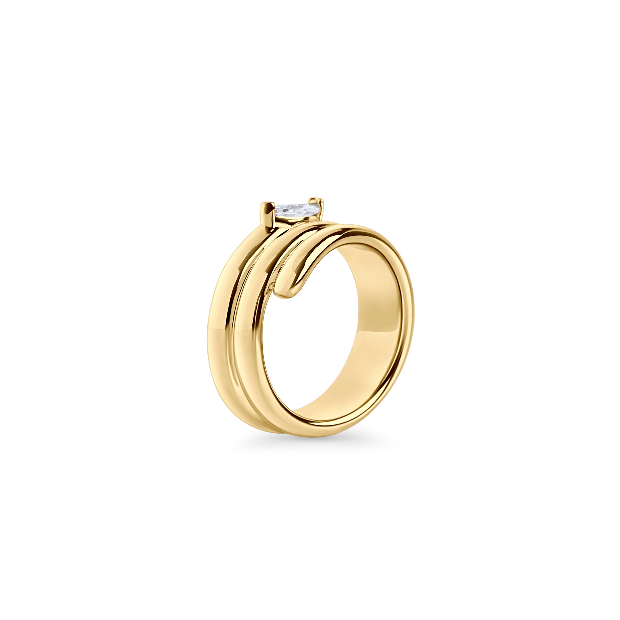 Gold stainless steel sculptural ring with marquise-cut cubic zirconia, modern layered band design, hypoallergenic non-tarnish durable ring, elegant contemporary statement jewelry.
