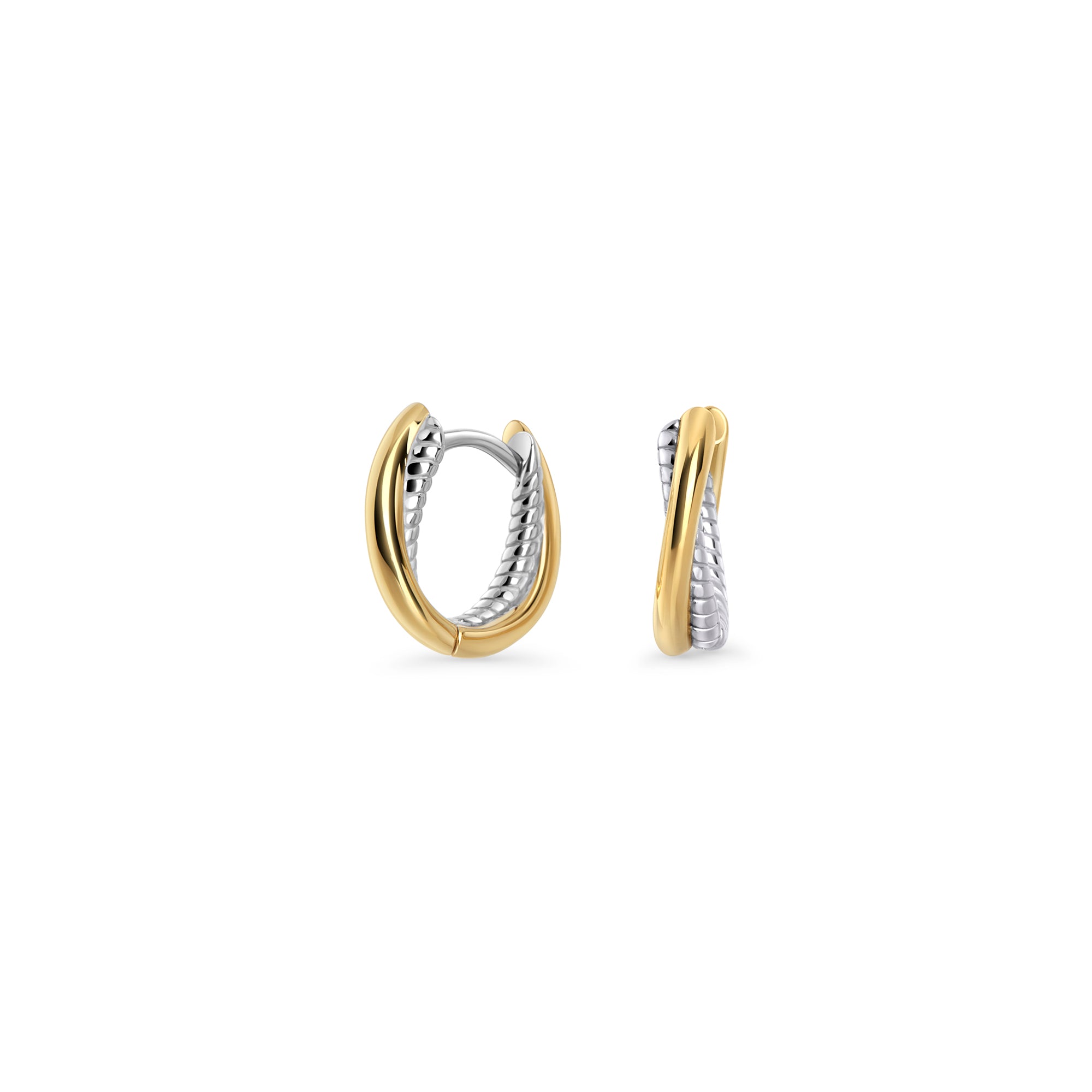 Two-tone stainless steel twisted hoop earrings in gold and silver, modern sculptural jewelry, hypoallergenic non-tarnish durable earrings, elegant minimalist everyday jewelry.
