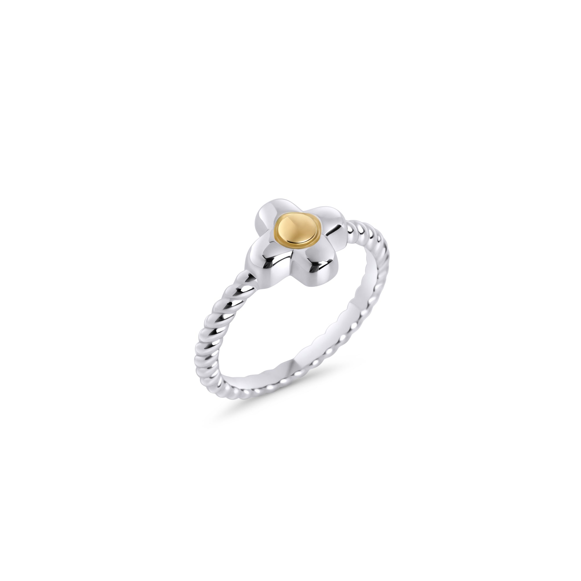 Gold and silver twisted flower ring in surgical stainless steel, hypoallergenic jewelry for sensitive skin, affordable and tarnish free.