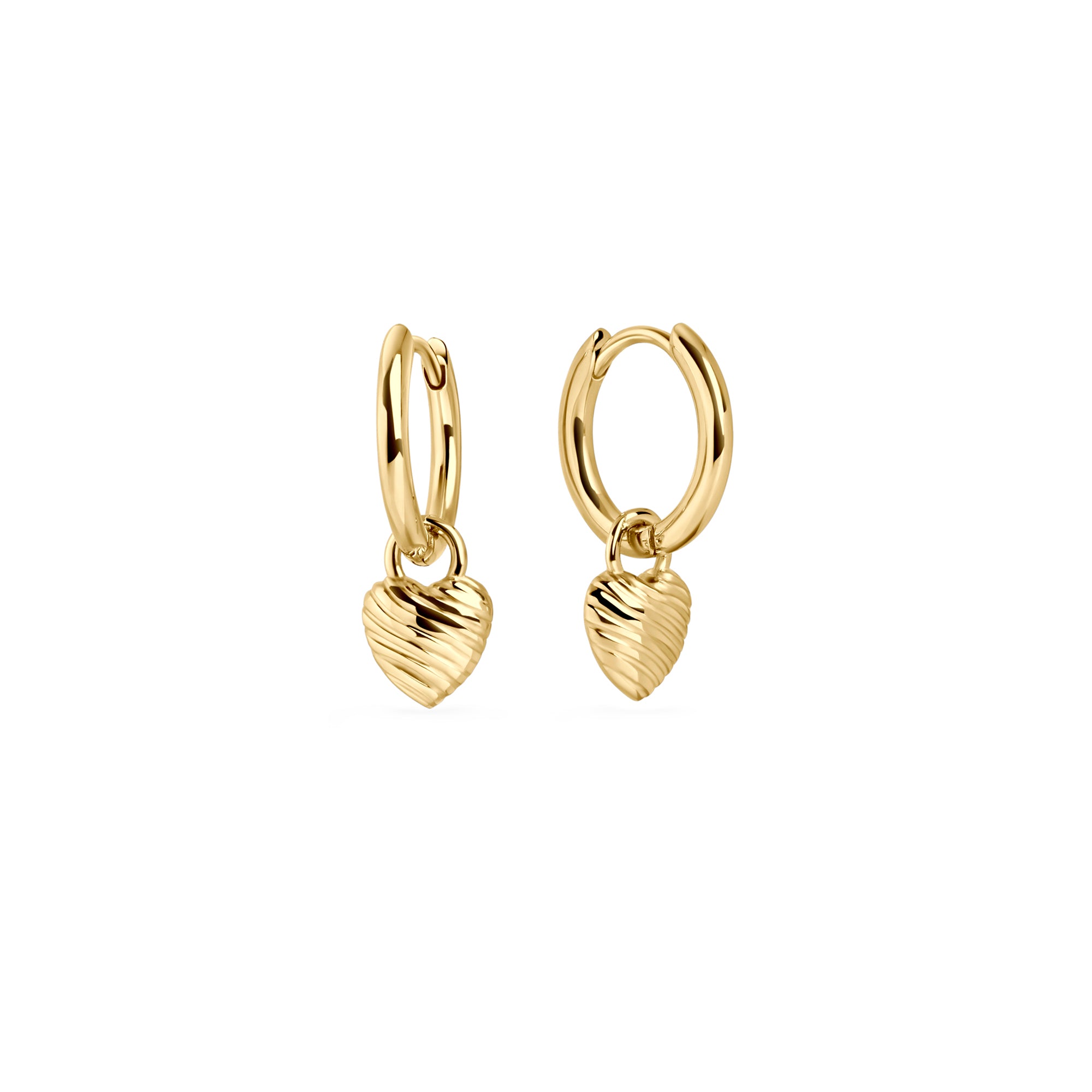 Gold stainless steel hoop earrings with ribbed heart charms, romantic modern jewelry, hypoallergenic non-tarnish durable earrings, elegant everyday fashion jewelry.
