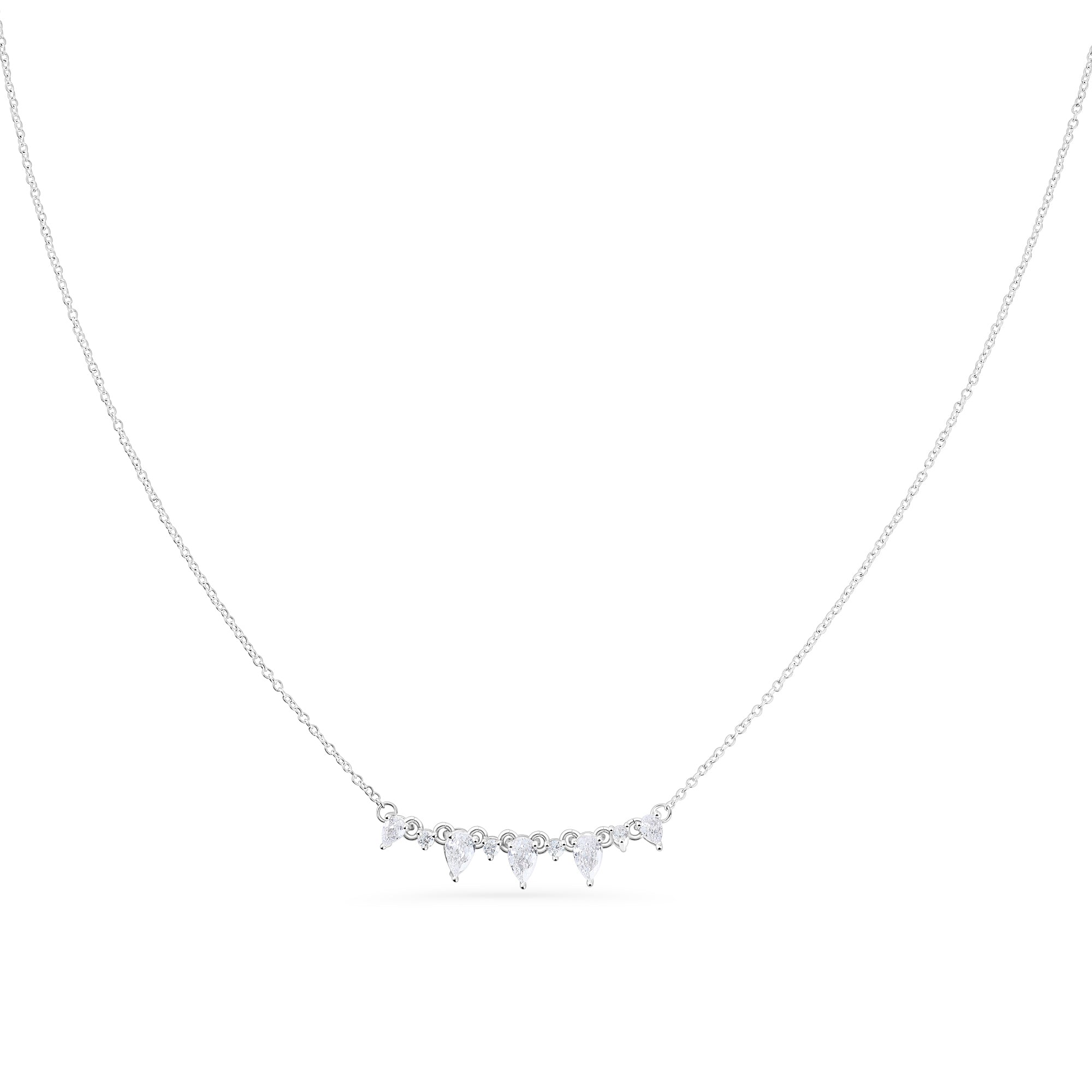Silver stainless steel necklace with marquise and round cubic zirconia stones, delicate bar pendant design with sparkling minimalist cluster.