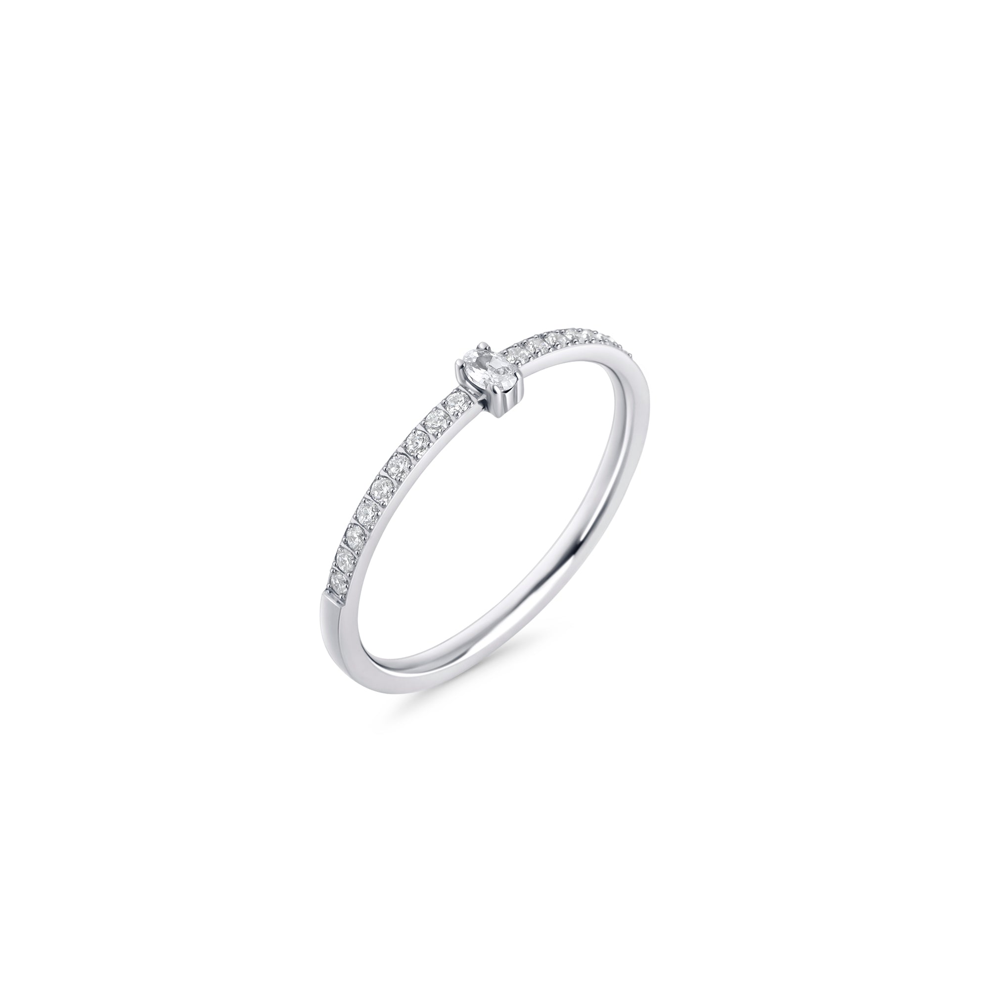 Silver stainless steel pavé ring with round cubic zirconia center stone, delicate minimalist band, hypoallergenic non-tarnish durable jewelry, elegant modern stacking ring for everyday wear.

