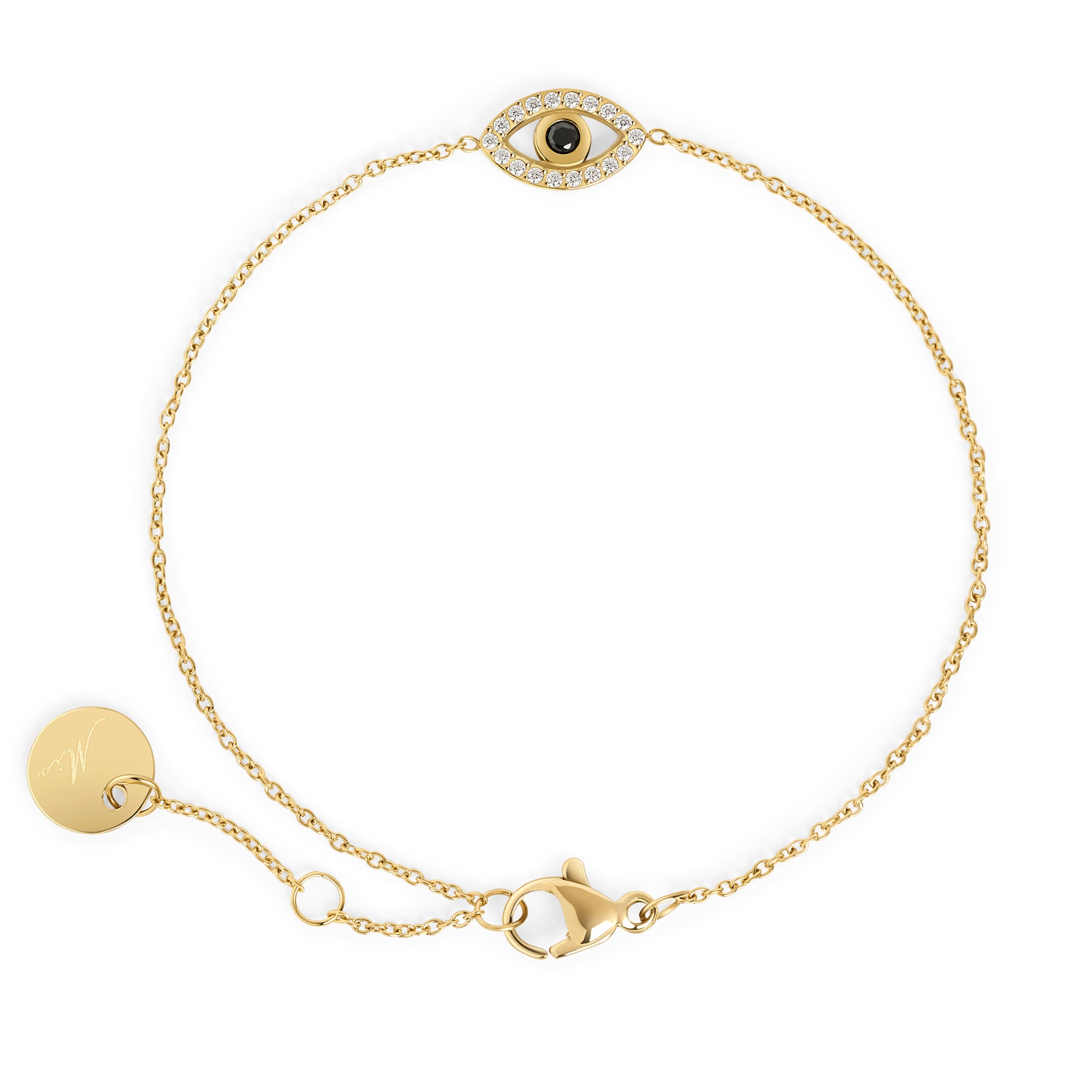 Dainty evil eye gold chain bracelet with black stone and cubic zirconia – hypoallergenic, waterproof & non-tarnish stainless steel bracelet for sensitive skin by Mia Bijoux Canada
