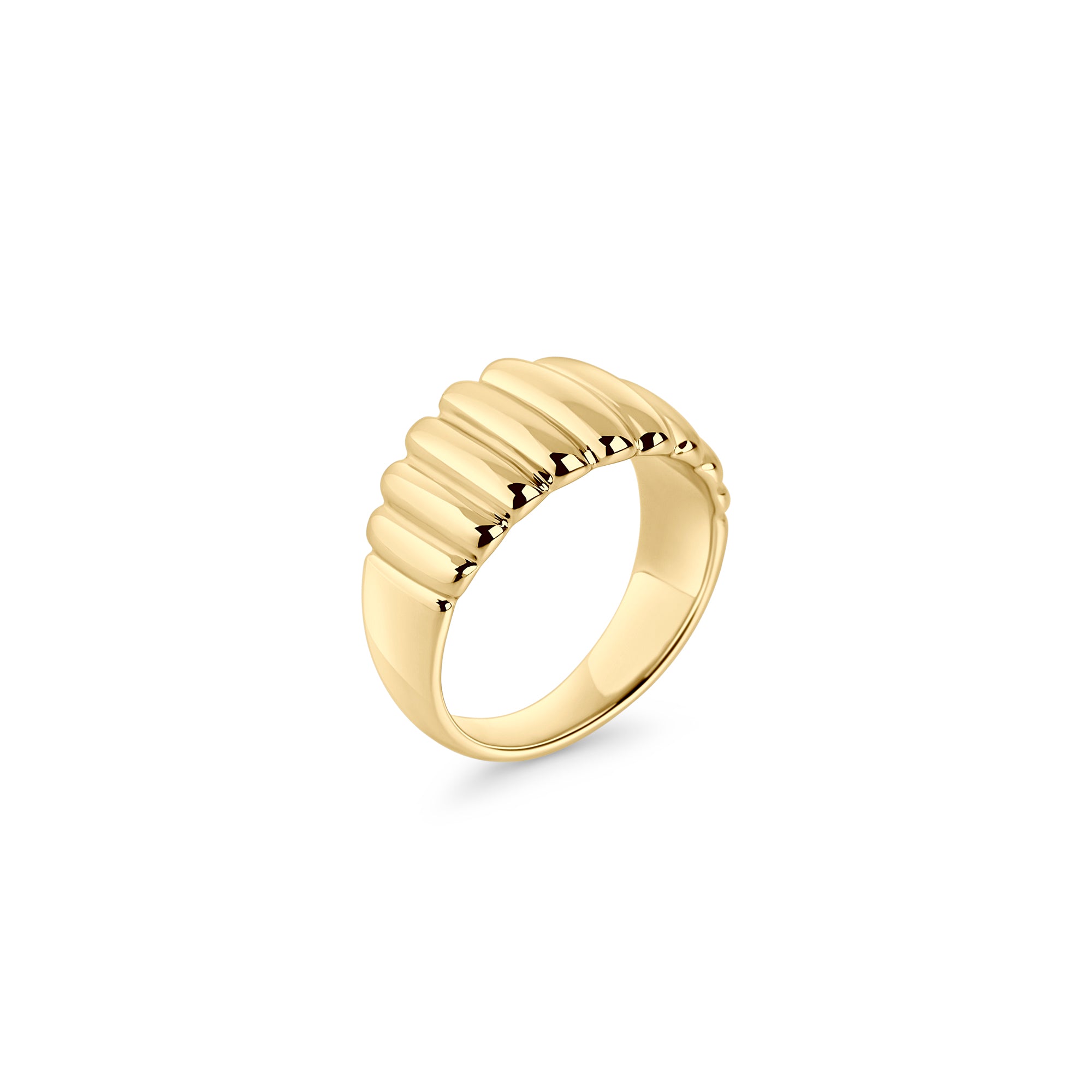 Gold stainless steel ribbed band ring, bold sculptural statement design, hypoallergenic non-tarnish durable jewelry, modern chunky fashion ring for everyday wear.
